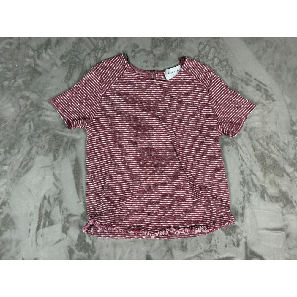 Emelia Womens Small Burgundy White Striped Knit Top Raw Hem Short Sleeve